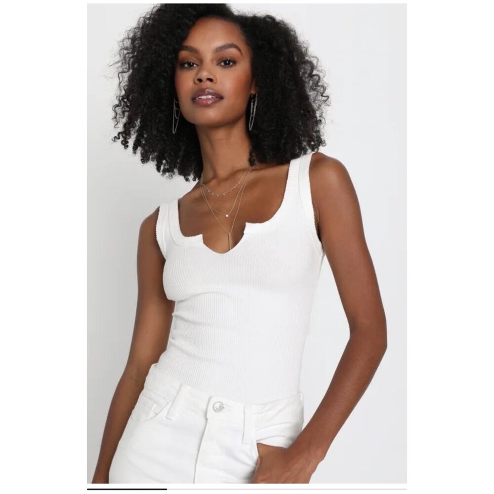 Lulus M White Ribbed Notched Tank Top Sleeveless Stretchy Knit Scoop  Fitted